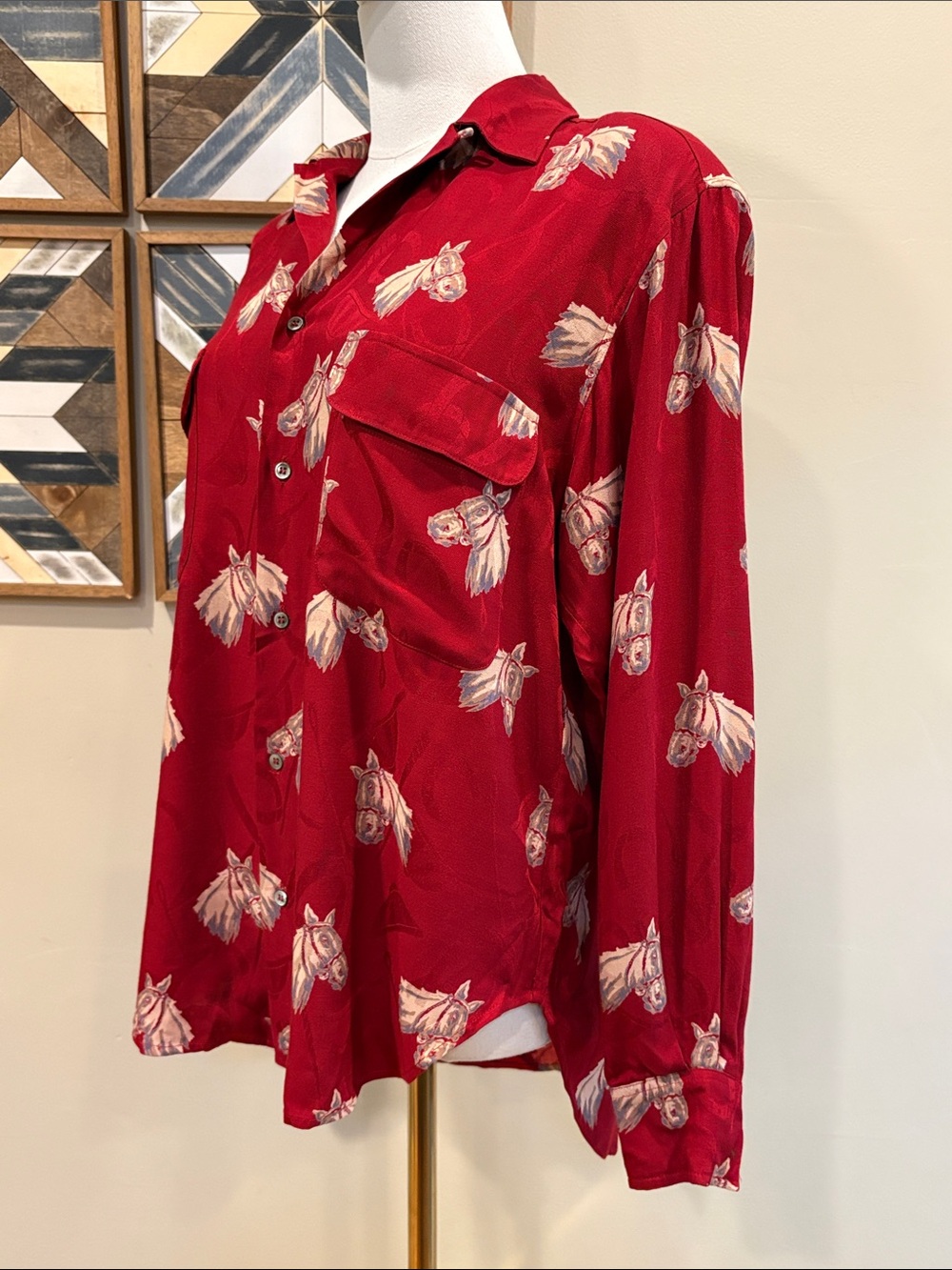Vintage Ralph Lauren 90s Red Equestrian Horse Print Button Front Top 4 *As-Is* - Picture 5 of 16